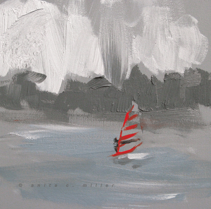 red sailboarder