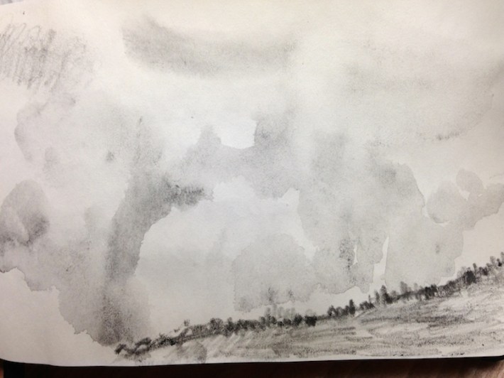 ridge line in fog and rain - looks a bit like watercolor but is really water soluble graphite